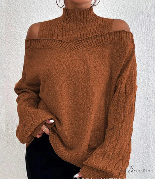 Off Shoulder Semi High Neck Knit Sweater Camel / S swraters-241228