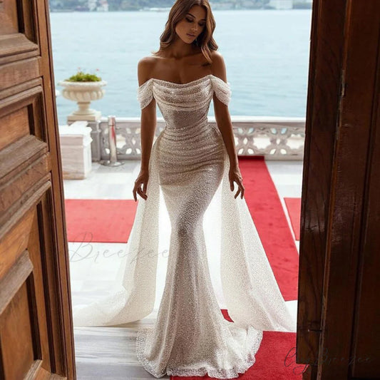 Off-Shoulder Slim Fit Long Gown Wedding Dress lvory white / 2 weddingdress-250223