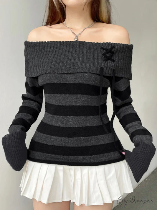 Off Shoulder Slim Knitted Striped Sweater Dark Gray / S swraters-241228