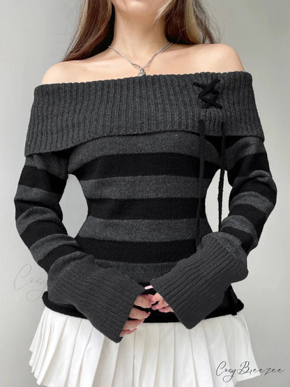 Off Shoulder Slim Knitted Striped Sweater swraters-241228