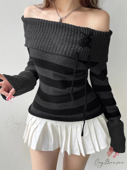 Off Shoulder Slim Knitted Striped Sweater swraters-241228