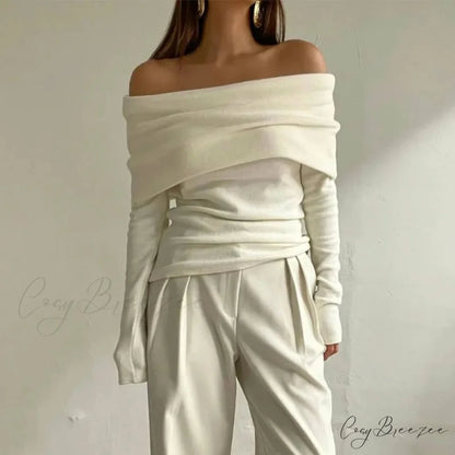 Off-Shoulder Slim Long Sleeve Pleated Sweater Apricot / S swraters-241228