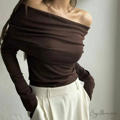 Off-Shoulder Slim Long Sleeve Pleated Sweater Brown / S swraters-241228