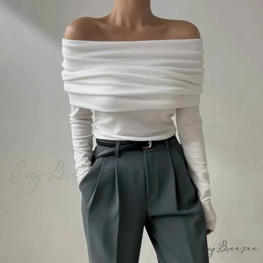 Off-Shoulder Slim Long Sleeve Pleated Sweater swraters-241228