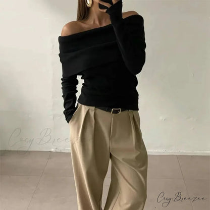 Off-Shoulder Slim Long Sleeve Pleated Sweater swraters-241228