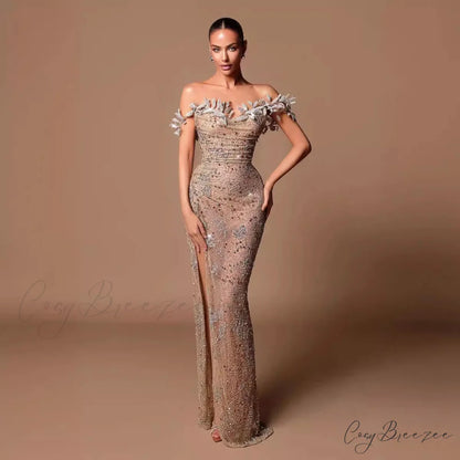 Off Shoulder Slit Strapless Floor Length Prom Dress pink / XS promdress-250223
