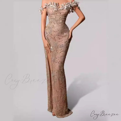 Off Shoulder Slit Strapless Floor Length Prom Dress promdress-250223