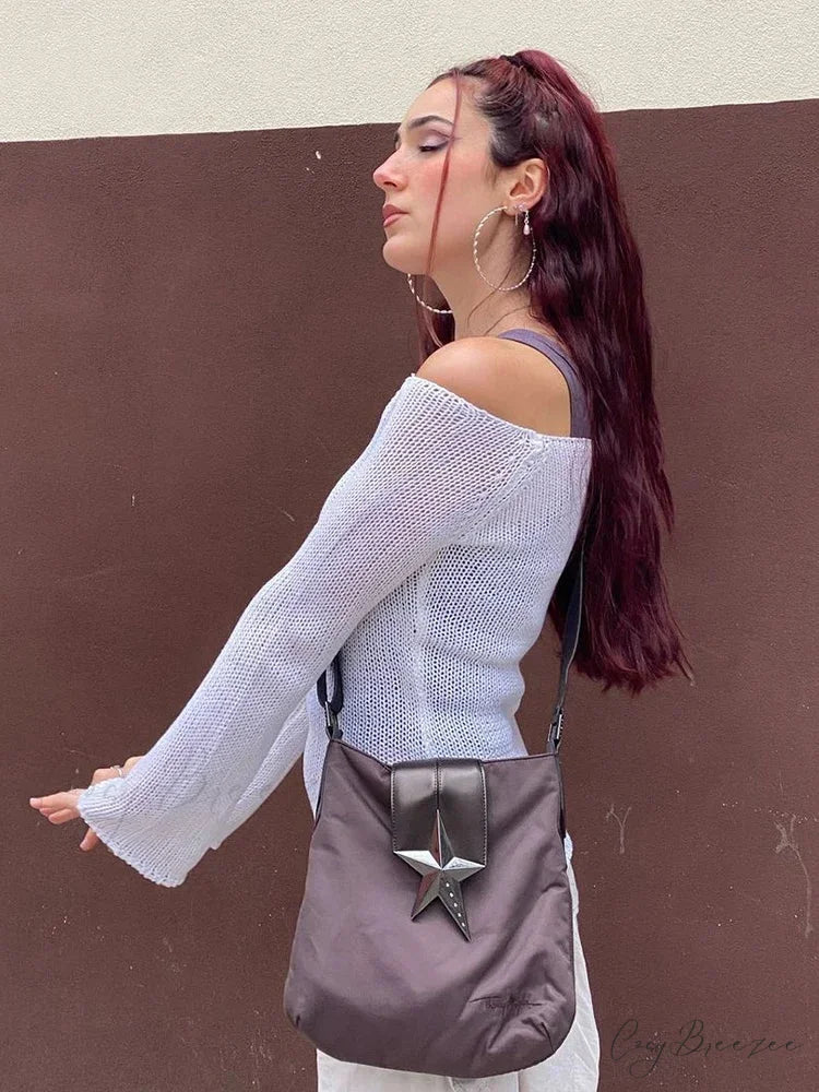 Off Shoulder Solid Color See-through Sweater swraters-241228