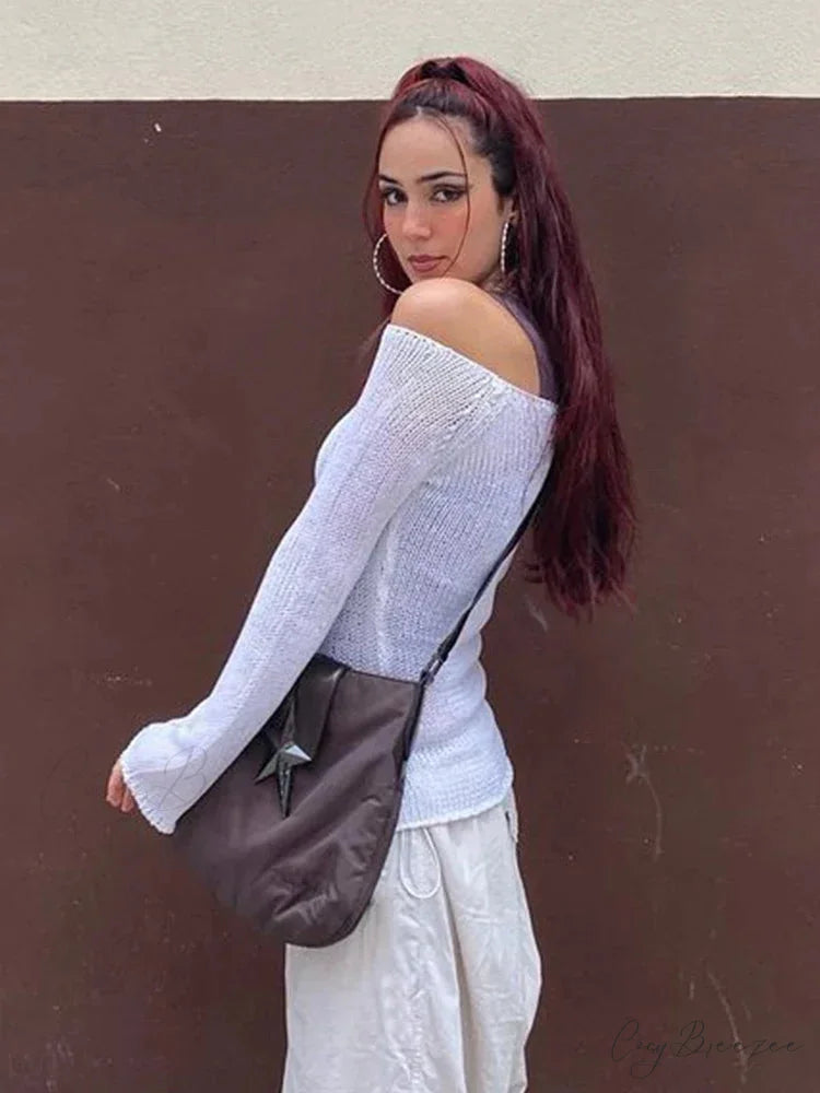 Off Shoulder Solid Color See-through Sweater swraters-241228
