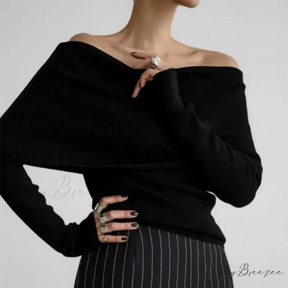 Off-Shoulder Solid Long Sleeve Knitted Sweater Black / S swraters-241228