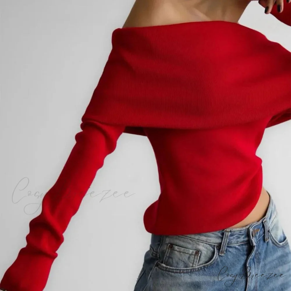 Off-Shoulder Solid Long Sleeve Knitted Sweater swraters-241228