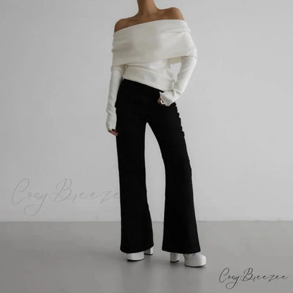 Off-Shoulder Solid Long Sleeve Knitted Sweater swraters-241228