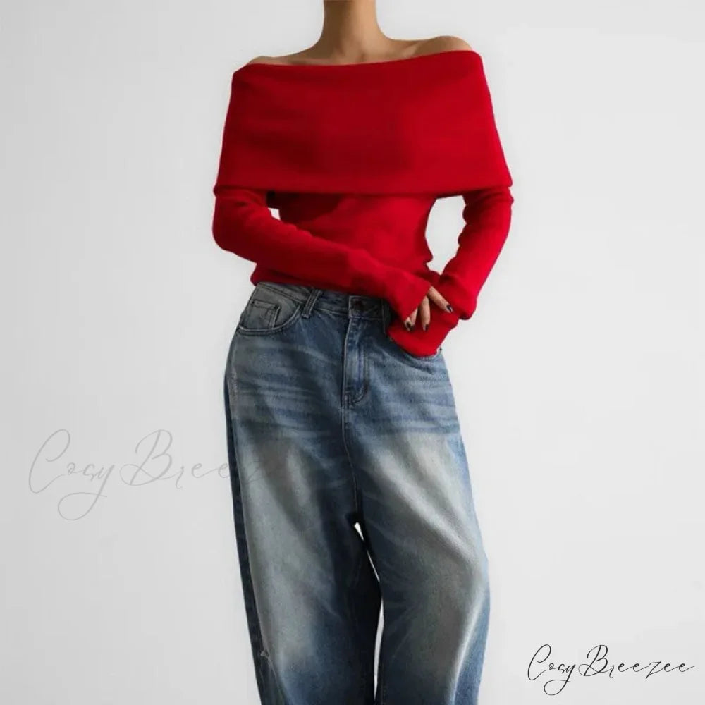 Off-Shoulder Solid Long Sleeve Knitted Sweater swraters-241228