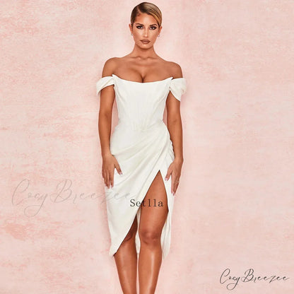 Off Shoulder Split Corset Midi Dress