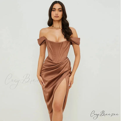 Off Shoulder Split Corset Midi Dress Brown / S