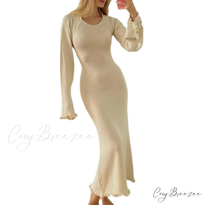 Off Shoulder Split Maxi Dress Beige / S