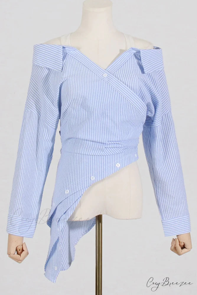 Off Shoulder Striped Blouse with Irregular Long Sleeves