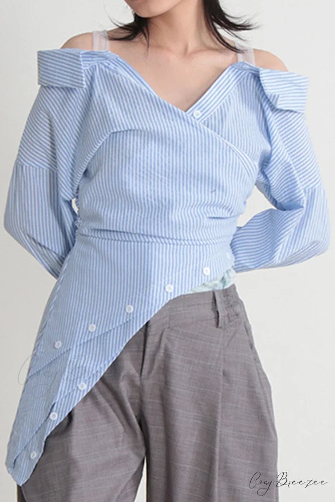 Off Shoulder Striped Blouse with Irregular Long Sleeves Blue / M