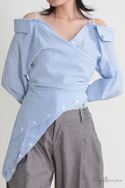 Off Shoulder Striped Blouse with Irregular Long Sleeves Blue / M