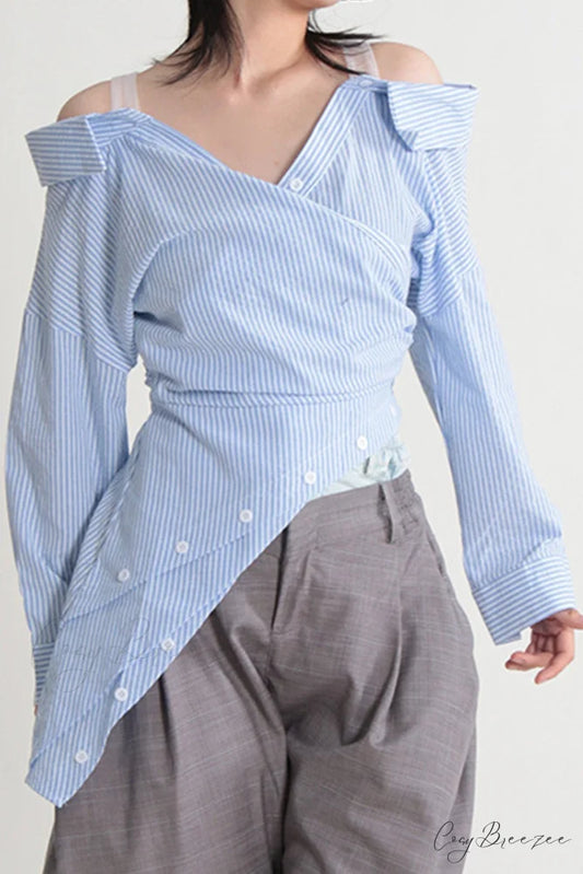 Off Shoulder Striped Blouse with Irregular Long Sleeves Blue / S