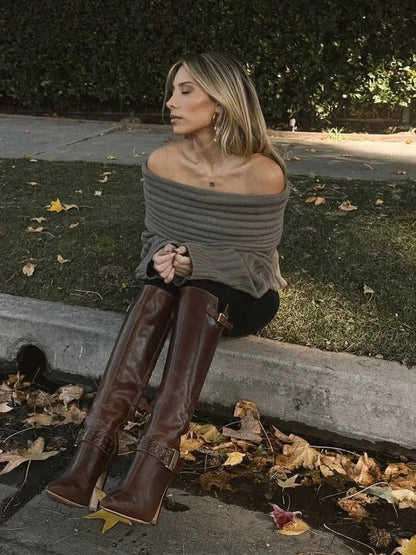 Off Shoulder Striped Long Sleeve Sweater swraters-241228