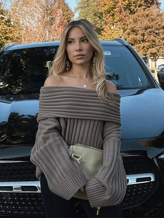 Off Shoulder Striped Long Sleeve Sweater swraters-241228