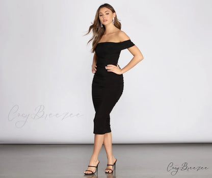 Off Shoulder Stylish Ruched Midi Dress