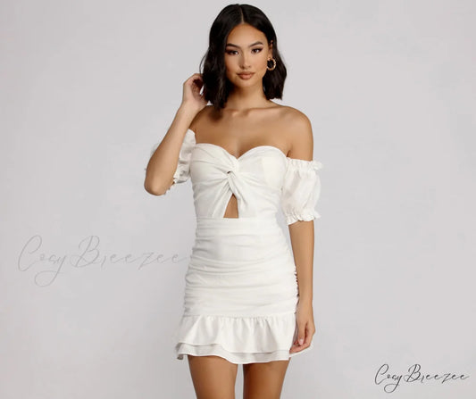Off Shoulder Stylish Ruffle Mini Dress WHITE / S