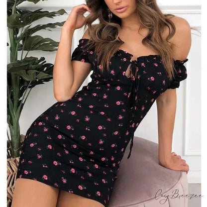 Off-shoulder Tie-up Floral Print Frilled Dress Black / S floraldress-250126