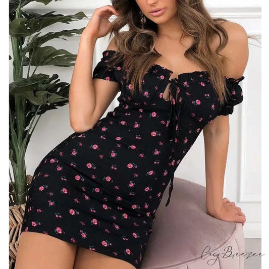 Off-shoulder Tie-up Floral Print Frilled Dress Black / S floraldress-250126