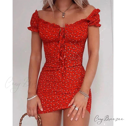 Off-shoulder Tie-up Floral Print Frilled Dress floraldress-250126