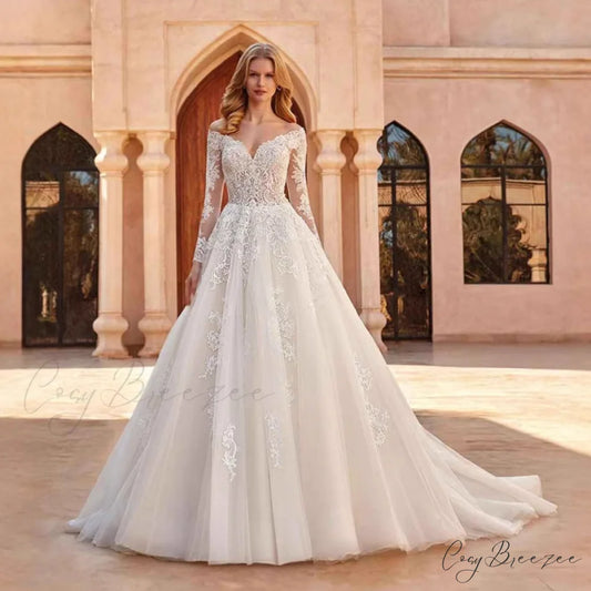 Off-Shoulder V-Neck Wedding Dress weddingdress-250223