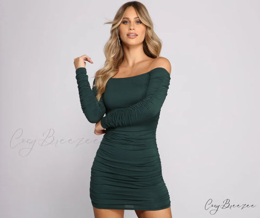 Off the Shoulder Charming Long Sleeve Midi Dress HUNTER / XS