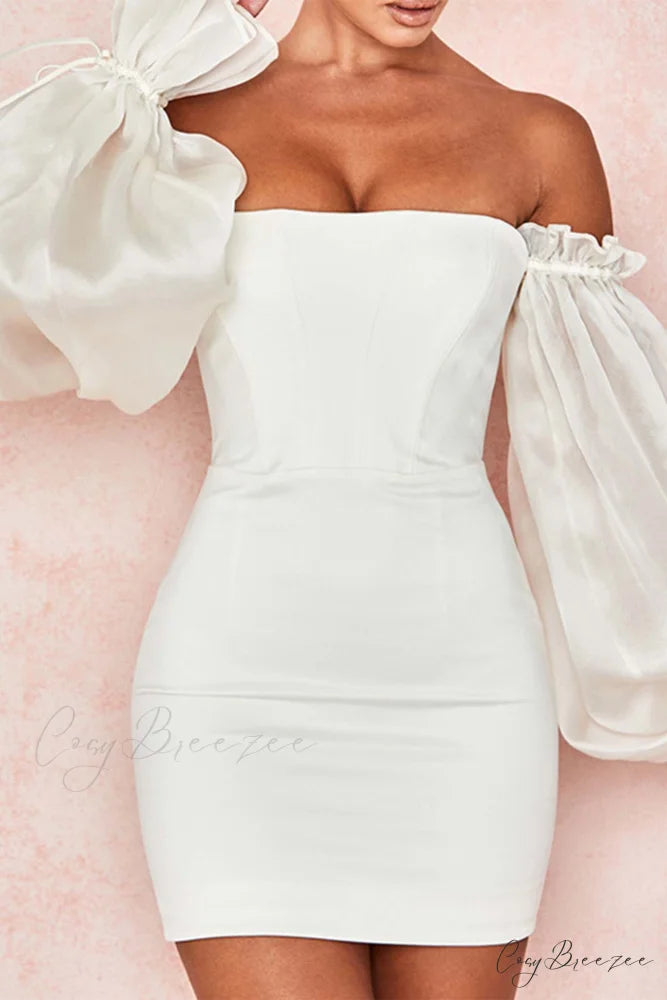 Off-the-Shoulder Mini Dress with Bell Sleeves White / XL
