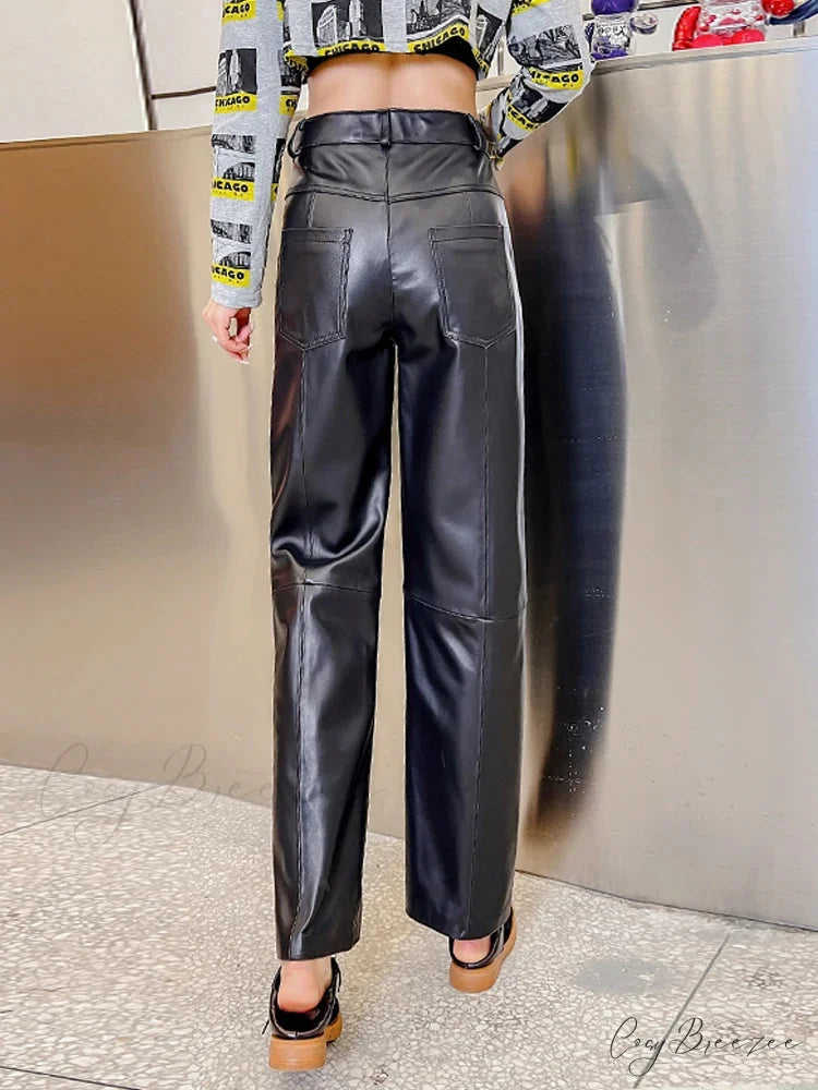 Office Lady Casual Real Sheepskin Wide Leg Genuine Leather Loose Fit Pants