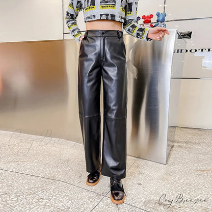 Office Lady Casual Real Sheepskin Wide Leg Genuine Leather Loose Fit Pants Black / S