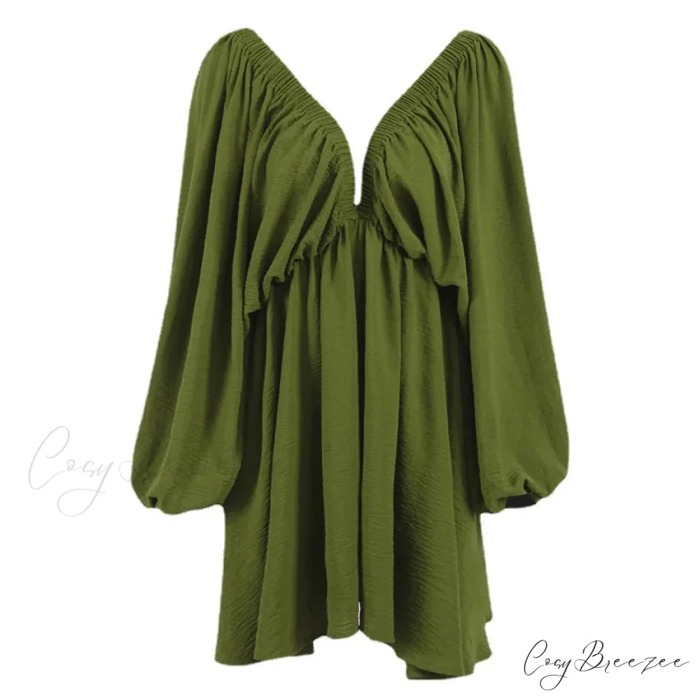 Office Low Cut Pleated Mini Dress Green / S