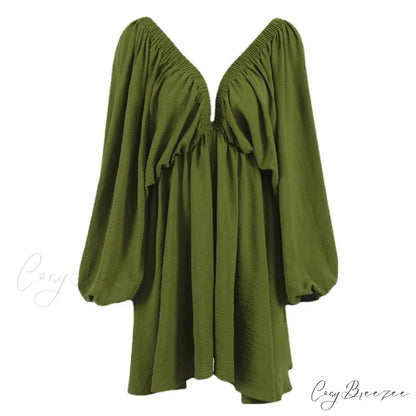 Office Low Cut Pleated Mini Dress Green / S