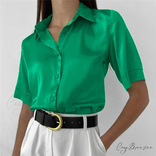 Office Short Sleeve Satin Green Blouse Green / S blouse-250223