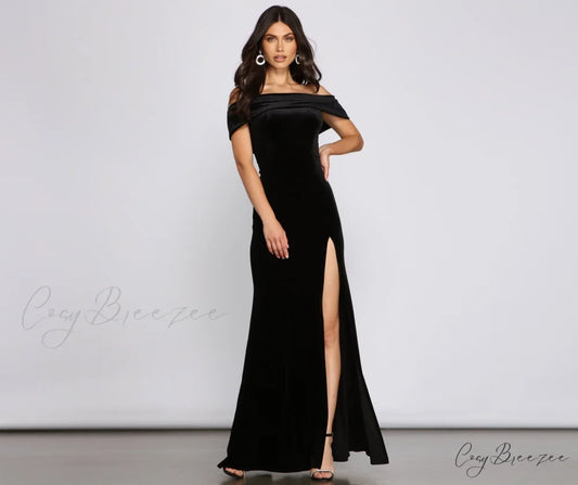 Olivia Formal Velvet Charming Off-The-Shoulder Maxi Dress BLACK / s