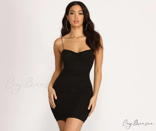 On My Level Charming Ruched Mini Dress BLACK / XS