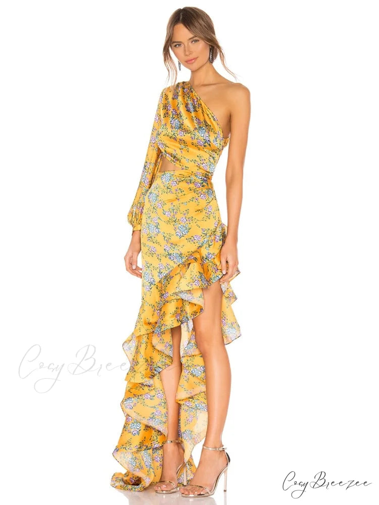 One Shoulder Cut Out Ruffle Long Dress