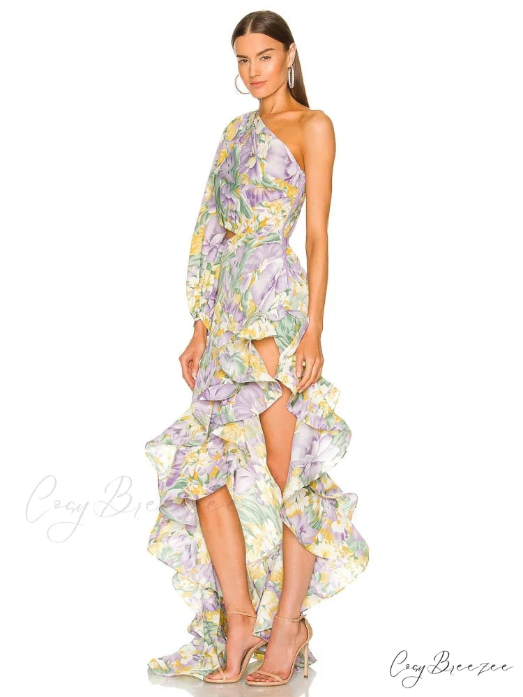 One Shoulder Cut Out Ruffle Long Dress