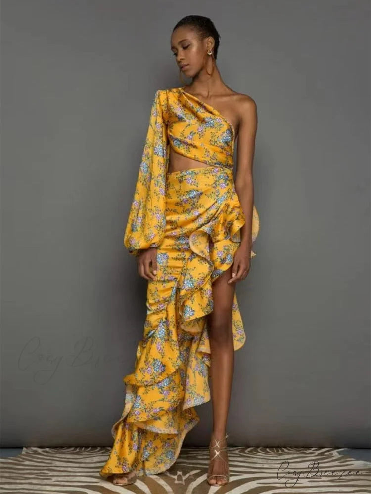 One Shoulder Cut Out Ruffle Long Dress
