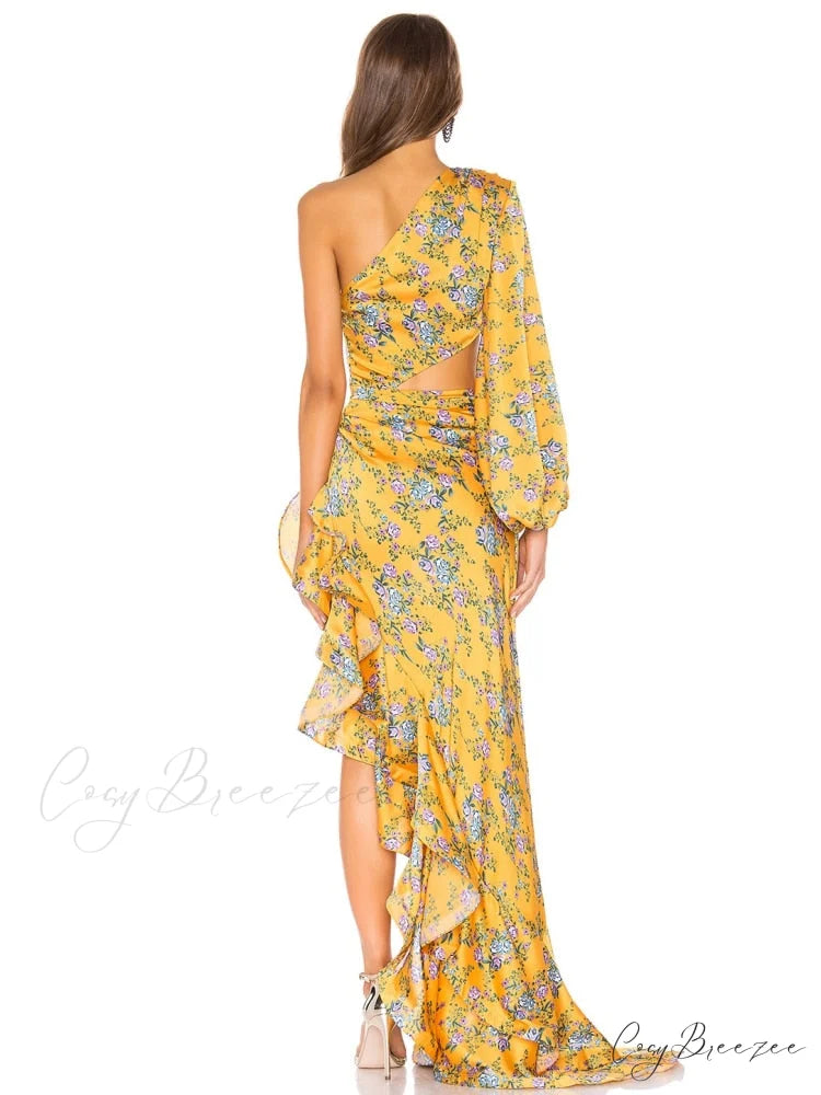 One Shoulder Cut Out Ruffle Long Dress