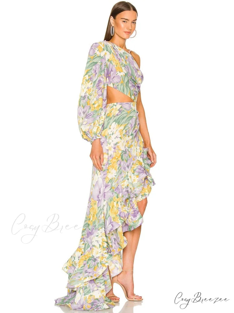 One Shoulder Cut Out Ruffle Long Dress
