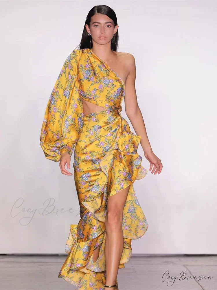 One Shoulder Cut Out Ruffle Long Dress