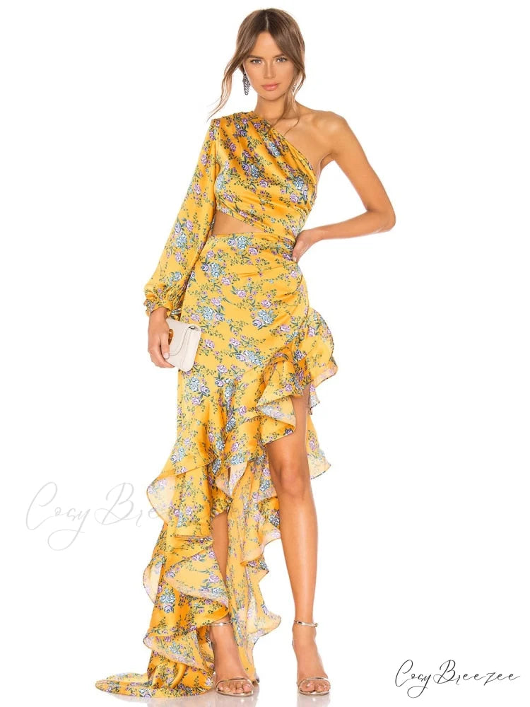 One Shoulder Cut Out Ruffle Long Dress color 1 / XS