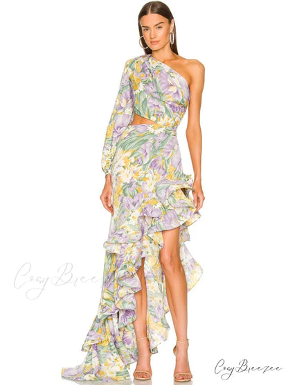 One Shoulder Cut Out Ruffle Long Dress color 2 / XS