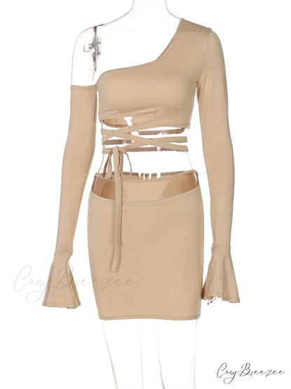 One-Shoulder Flare Sleeve Hollow Out Slim Mini Dress